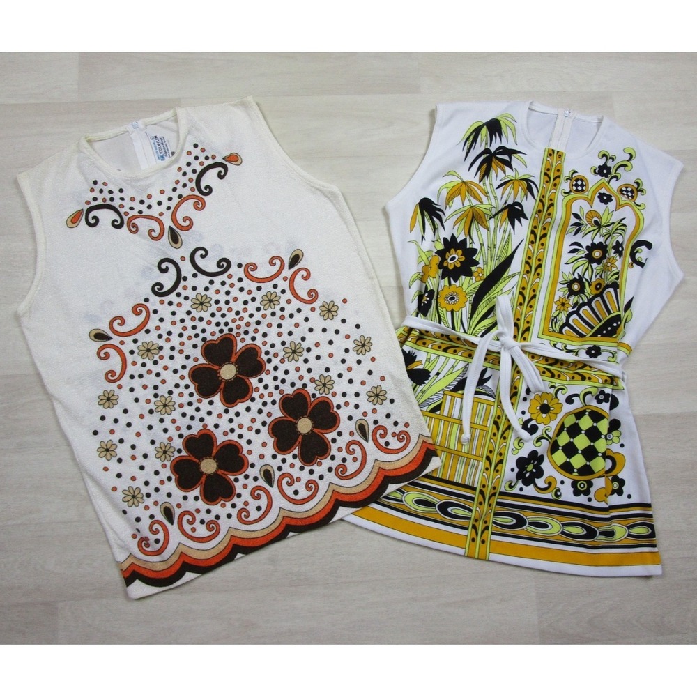Vintage 70s Sleeveless Shirt Lot of 2 Womens Size  (M) Tank Top AOP Mod Hippy